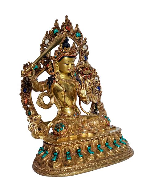 Manjushri Buddhist Handmade Statue Full Gold Plated Stone Setting