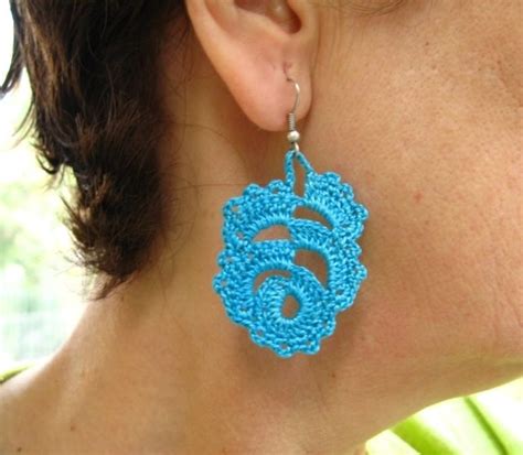 Hand Crocheted Lace Dangle Earrings In Blue Crochet Earrings Pattern