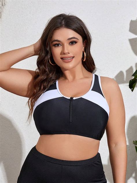 Shein Swim Sprty Plus Size Color Block Bikini Top With Notched Neck