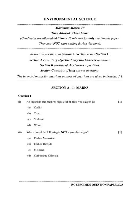 Isc Class 12 Sample Paper 2023 Environmental Science