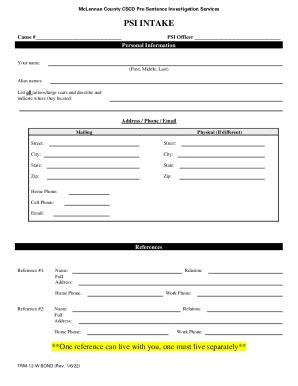 Fillable Online Form W Bond Psi Questionnaire Pdf Mclennan