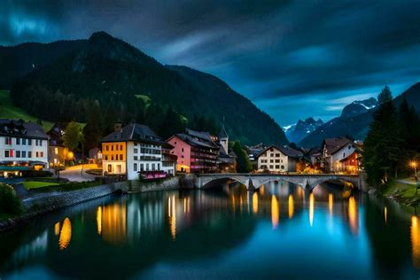 Photo Wallpaper The Sky Mountains River Town Bridge Night