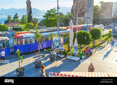 ANTALYA TURKEY MAY 11 2017 The Colorful Trams Ride Along The