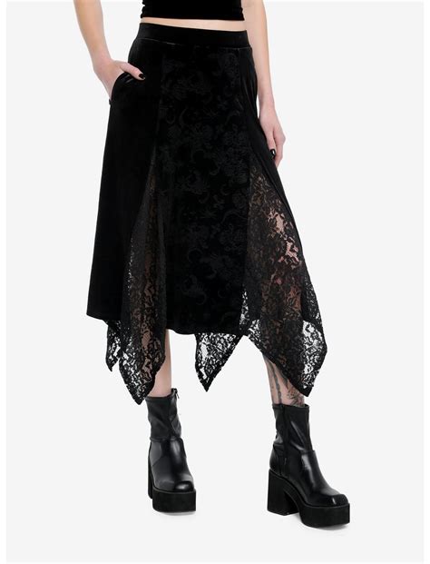 Cosmic Aura Black Velvet Lace Godet Midi Skirt Hot Topic