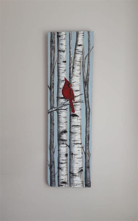 Hand Painted Red Cardinal And White Birch Trees Painting On Wood Plank