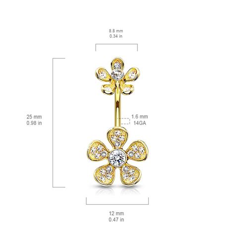 Piercing nombril plaqué or double fleur micro pavées strass