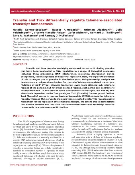 Pdf Translin And Trax Differentially Regulate Telomere Associated