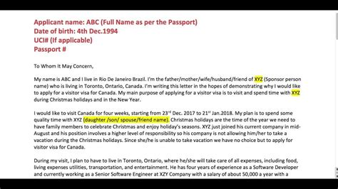 Purpose Of Travel Canada Visitor Visa Sample Letter