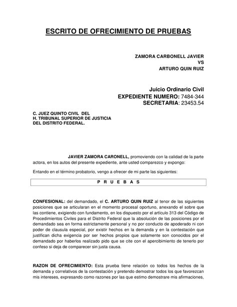 Escrito De Ofrecimiento De Pruebas Evidencia Ley Demanda Judicial