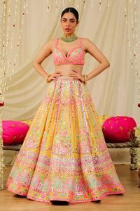 Buy Yellow Dupion Silk Embroidery Mirror Blouse With Lehenga Set For