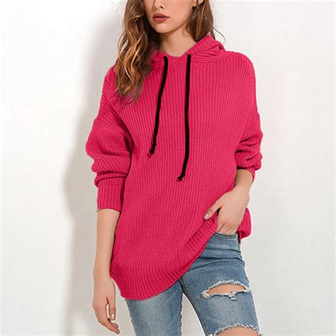 Luxury Ladies Winter Solid Color Hooded Knit Sweatershirt Women Winter Long Sleeve Knit Hooded