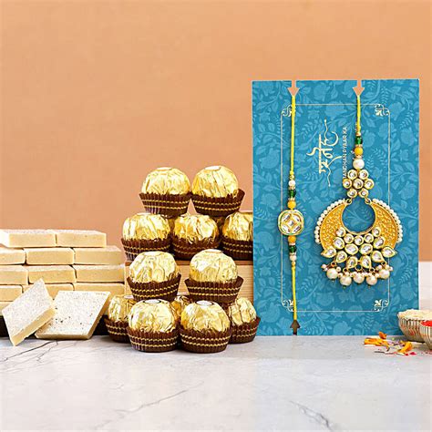 Yellow Pearl Lumba Rakhi Set And Kaju Katli With Ferrero Rocher Exp Uk