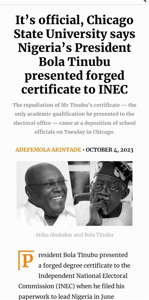 Chicago State University Says Tinubu Presented Forged Certificate To