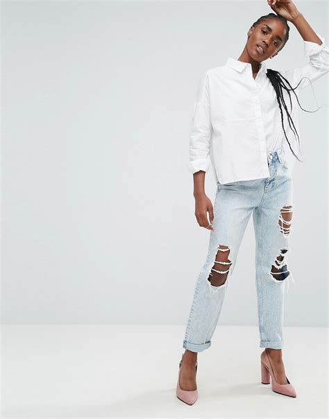 Asos Original Mom Jeans In Pretty Mid Wash With Pearl Detail Rips Shopperboard