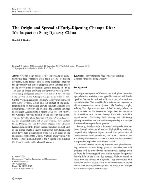 (PDF) The Origin and Spread of Early-Ripening Champa Rice: It’s Impact on Song Dynasty China