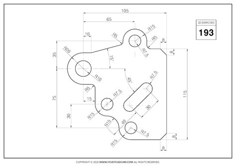 2d Cad Exercises 307 Studycadcam Cadd Autocad Drawing Model Drawing