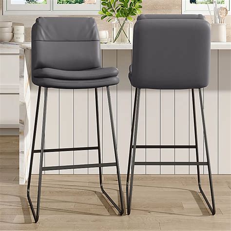 Bar Stool Set Of 2 Modern Grey Faux Leather Upholstered Breakfast Bar