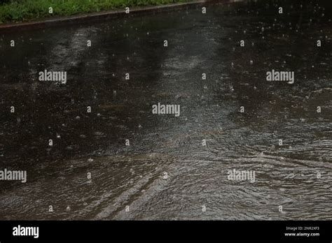 View Of Heavy Pouring Rain On City Street Stock Photo Alamy