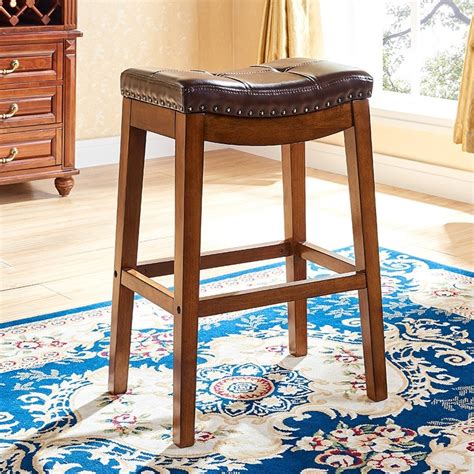 Luxury Retro Rustic 18 Footrest Upholstered Leather Saddle Bar Stool With Wooden Four Leg Set