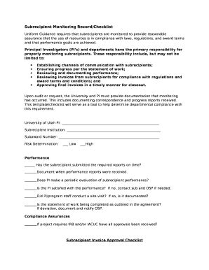 Subrecipient Monitoring Record Checklist Doc Template PdfFiller