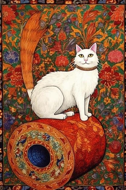 Pintura De Un Gato Blanco Sentado En Una Alfombra Roja Con Un Colorido