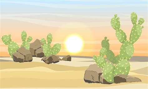 Desierto Con Piedras De Arena Y Grandes Cactus Verdes Opuntia Paisaje Vectorial Realista