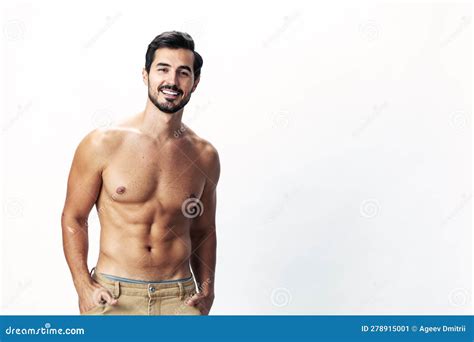 Male Athlete Model With Naked Torso And Packs Of Abs Sporty On White