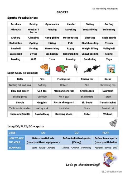 Sports Vocabulary And Equipment Pict English Esl Worksheets Pdf Doc