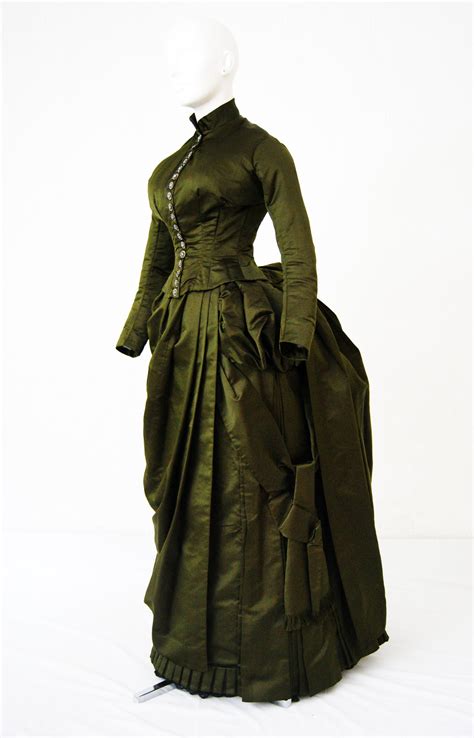 C Walking Dress In Silk Satin And Silver Buttons Victorian