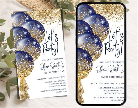 Digital Navy Blue Gold Glitter Balloons Birthday Invitation Etsy