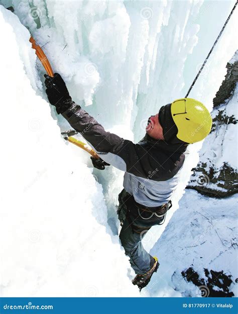 Man Climbing Frozen Waterfall Stock Image Image Of Cliff Cling