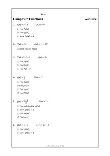 Composite Functions Worksheets Teaching Resources