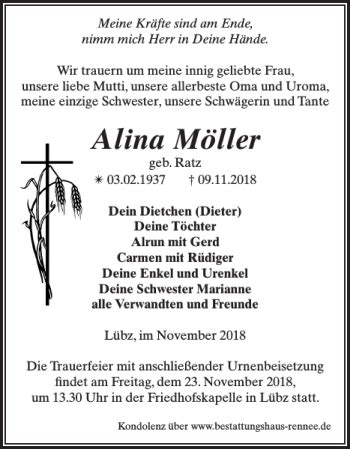 Traueranzeigen von Alina Möller Trauer Nordkurier