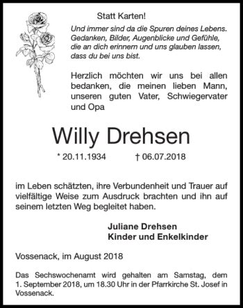 Traueranzeigen Von Willy Drehsen Aachen Gedenkt