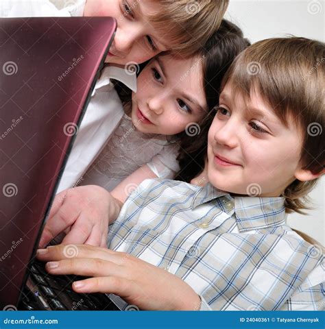 Group Of Children Friends Playing Computer Games Stock Image Image Of