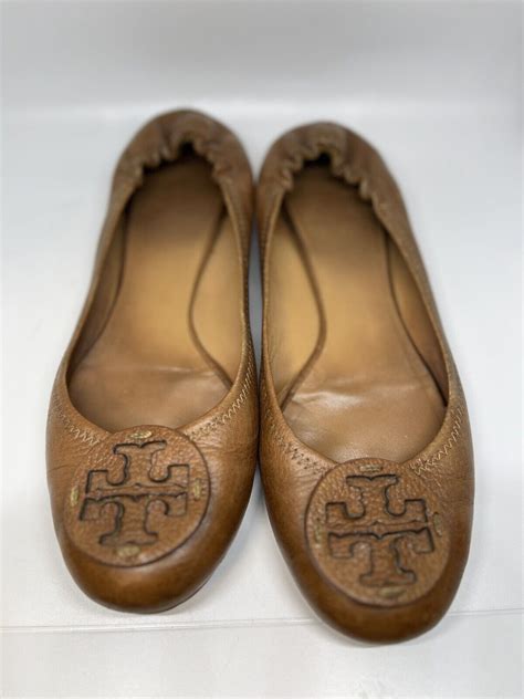 Tory Burch Reva Royal Tan Tumbled Leather Ballet Flat Gem