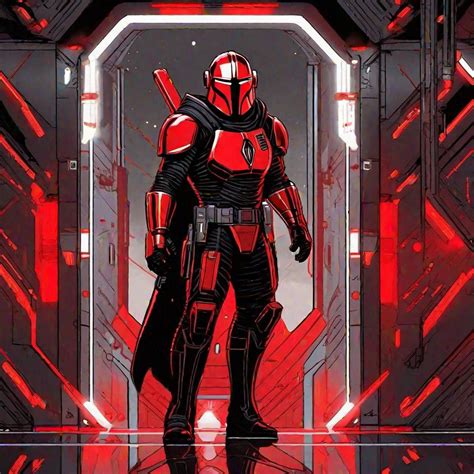 A Male Mandalorian In Black Armor With Red Details