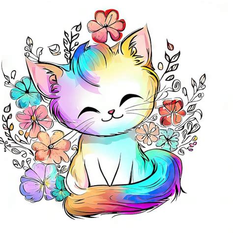 O desenho de um gato uma cauda colorida do arco íris e flores