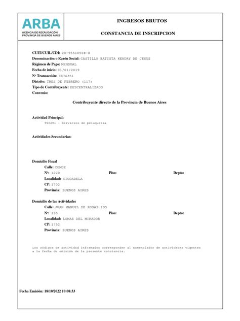 Constancia De Inscripción A Ingresos Brutos Pdf