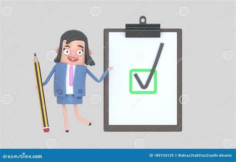 Business Woman With A Giant Pencil In Her Hand Next To A Clipboard With Checklist Isolated