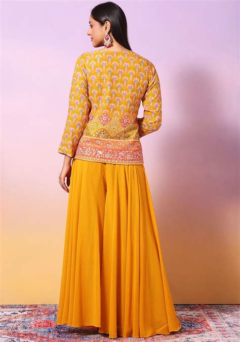 Buy Women Mustard Floral Print Embroidered Kurta Set With Palazzo And