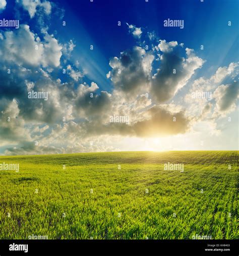 Good Sunset Over Green Field Stock Photo Alamy