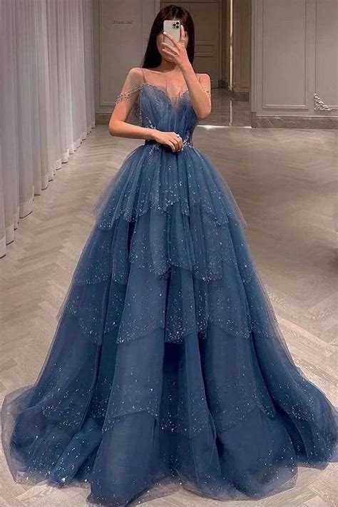 Gorgeous Blue Sparkly Tulle Beaded Prom Dress Tiered Formal Gown With