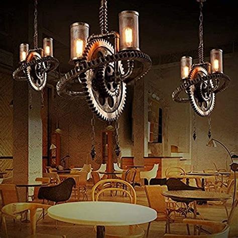 Chandeliers 2 Lights Wooden Gear Rusty Metal Water Pipe Pendant Lights