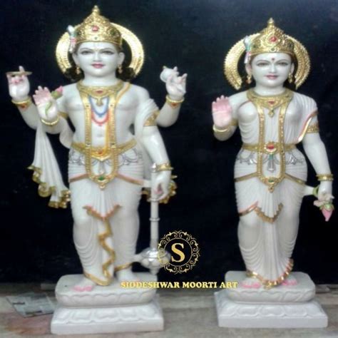 Painted Hindu White Marble Gold Plated Vishnu Laxmi Marble Statue