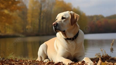 Labrador Retriever Lay Down By The Lake And Trees Background Labrador