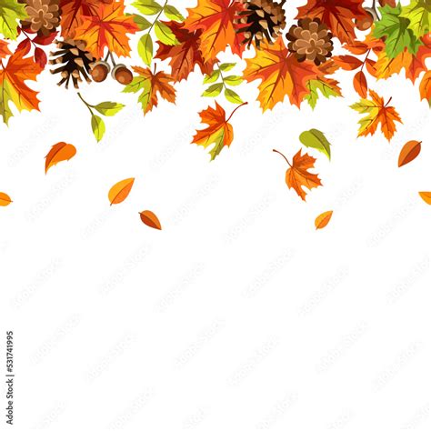 Seamless border with orange, brown, and green falling autumn leaves and ...