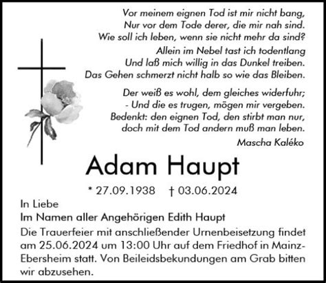 Traueranzeigen Von Adam Haupt Vrm Trauer De