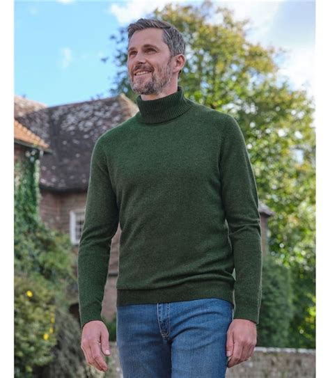 Tweed Green Cashmere And Merino Polo Neck Jumper Woolovers Au