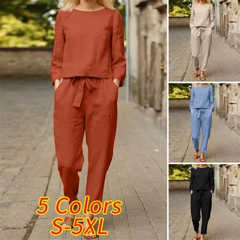 Zanzea Women Casual Suit Solid Color Long Sleeve Blouse Elastic Waist Pants Pure Cotton Sets